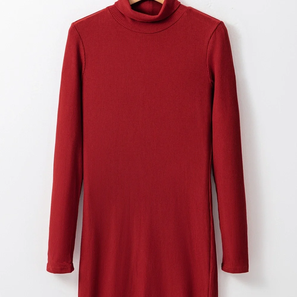 CLEARANCE 1 LEFT!! Racing Red Ribbed Knit Long Sleeve High Neck Mini Dress - Picture 7 of 13